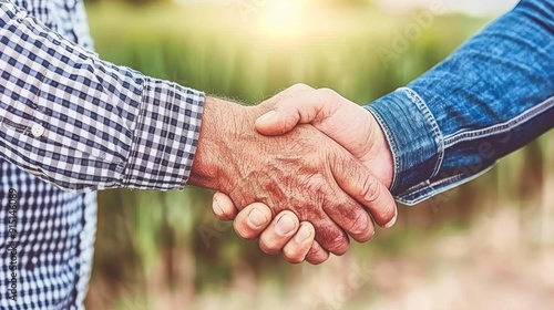 Two men shaking hands in a field, symbolizing partnership and ag