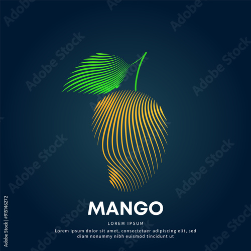 simple logo mango Illustration in a linear style. Abstract line art Fresh mango Ecology Logotype concept icon. Vector logo mango with leaf color silhouette on a dark background. EPS 10