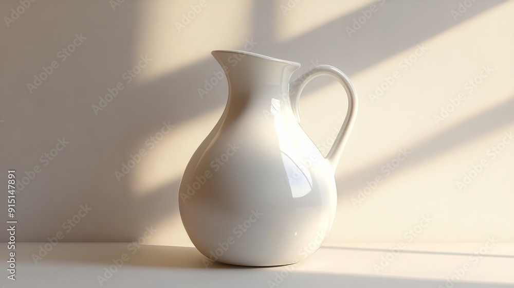 A white vase sits on a table in front of a window A white vase sits on a table in front of a window