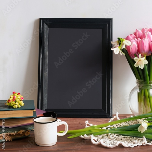 Blank black picture big frame mockup. Artistic table, Coffee cup. white daffodils. Rose flowers photo