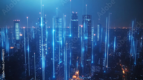 This description provides a comprehensive overview of the concept of a smart city with 5G communication networks and IoT, emphasizing the interconnectedness and advanced technological infrastructure.