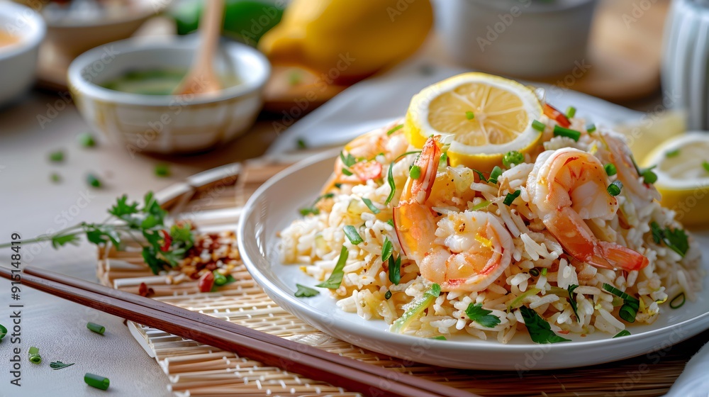 Spicy shrimp rice garnished with herbs and lemon Spicy shrimp rice garnished with herbs and lemon
