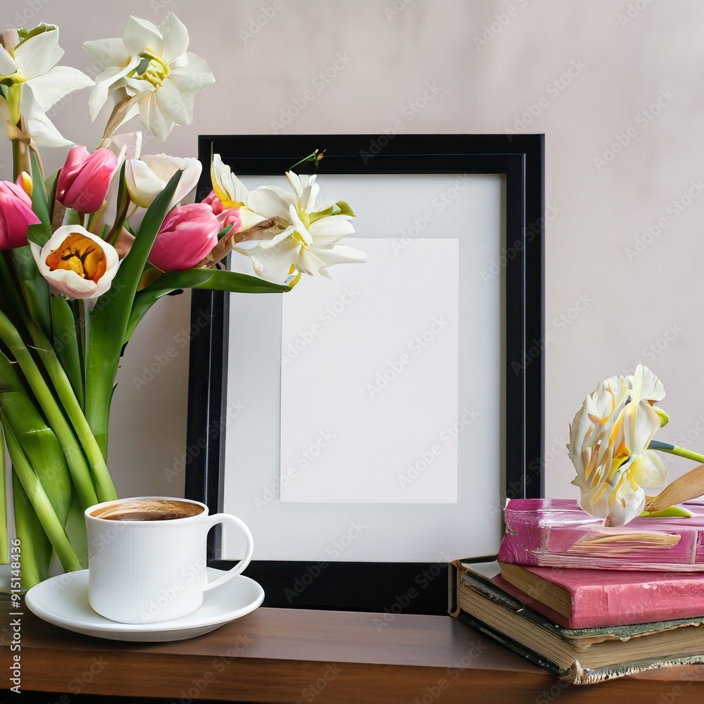 Blank black picture big frame mockup. Artistic table, Coffee cup. white daffodils. Rose flowers Blank black picture big frame mockup. Artistic table, Coffee cup. white daffodils. Rose flowers