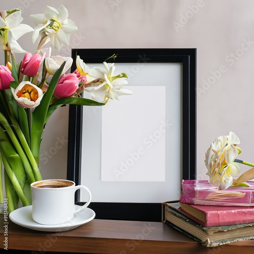 Blank black picture big frame mockup. Artistic table, Coffee cup. white daffodils. Rose flowers photo