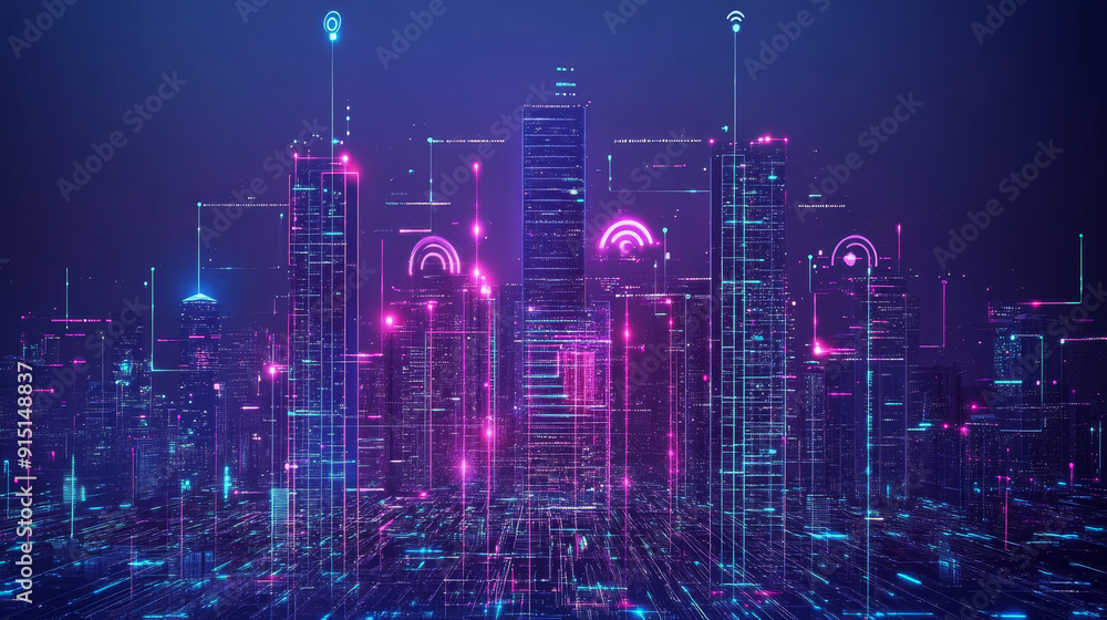 Obraz premium This description provides a comprehensive overview of the concept of a smart city with 5G communication networks and IoT, emphasizing the interconnectedness and advanced technological infrastructure.