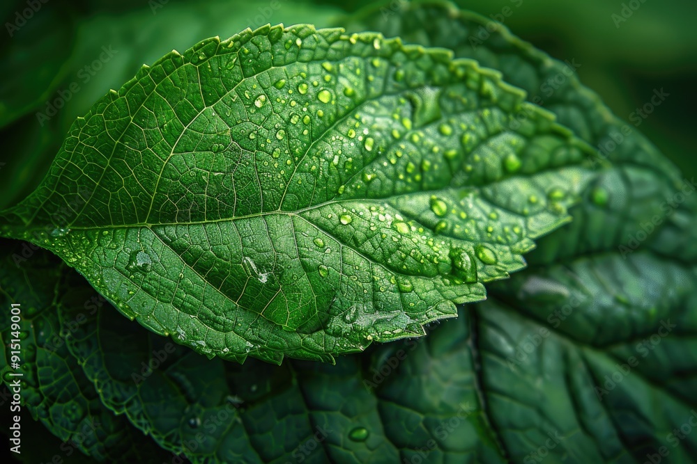 Green leaf with water drops sparkling in the sunlight Green leaf with water drops sparkling in the sunlight