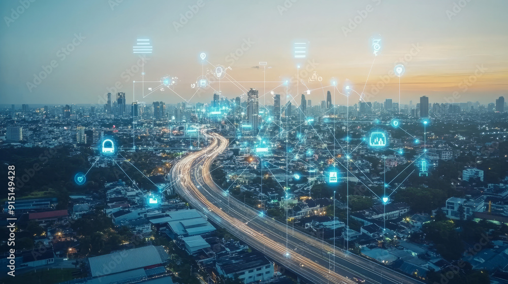 Obraz premium This description provides a comprehensive overview of the concept of a smart city with 5G communication networks and IoT, emphasizing the interconnectedness and advanced technological infrastructure.