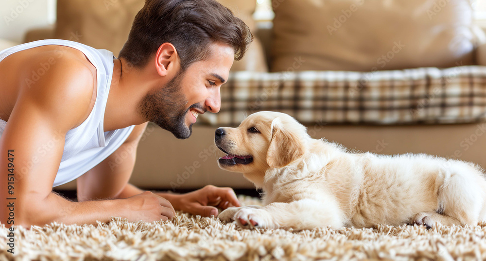 Creating Memories, Man and Puppy Sharing Playful Moments in the Living Room Creating Memories, Man and Puppy Sharing Playful Moments in the Living Room