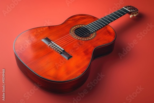 Acoustic guitar lying on a red background photo