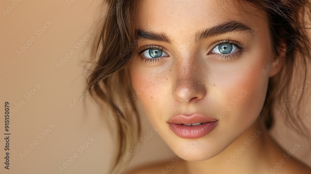 Close-Up Portrait of Woman with Blue Eyes, Soft Peach and Beige Palette, Minimalist and Symmetrical Composition, Suitable for Beauty and Fashion Campaigns, Ideal for Skincare Branding and Cosmetic Pro Close-Up Portrait of Woman with Blue Eyes, Soft Peach and Beige Palette, Minimalist and Symmetrical Composition, Suitable for Beauty and Fashion Campaigns, Ideal for Skincare Branding and Cosmetic Pro