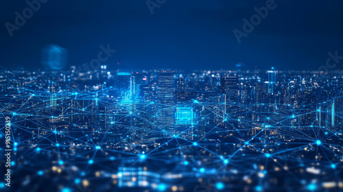 This description provides a comprehensive overview of the concept of a smart city with 5G communication networks and IoT, emphasizing the interconnectedness and advanced technological infrastructure.