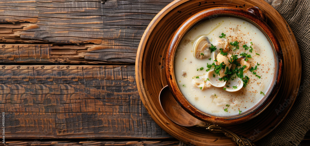 warm and delicious Clam Chowder soup top view with copy space warm and delicious Clam Chowder soup top view with copy space