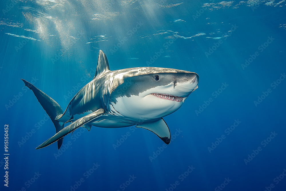 majestic white shark swims under clear water majestic white shark swims under clear water
