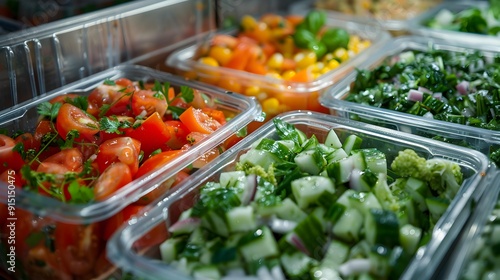 Salads are arranged in portioned containers and frozen