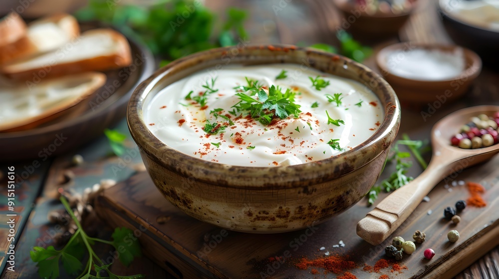 Sour cream in a ceramic bowl decorated Sour cream in a ceramic bowl decorated