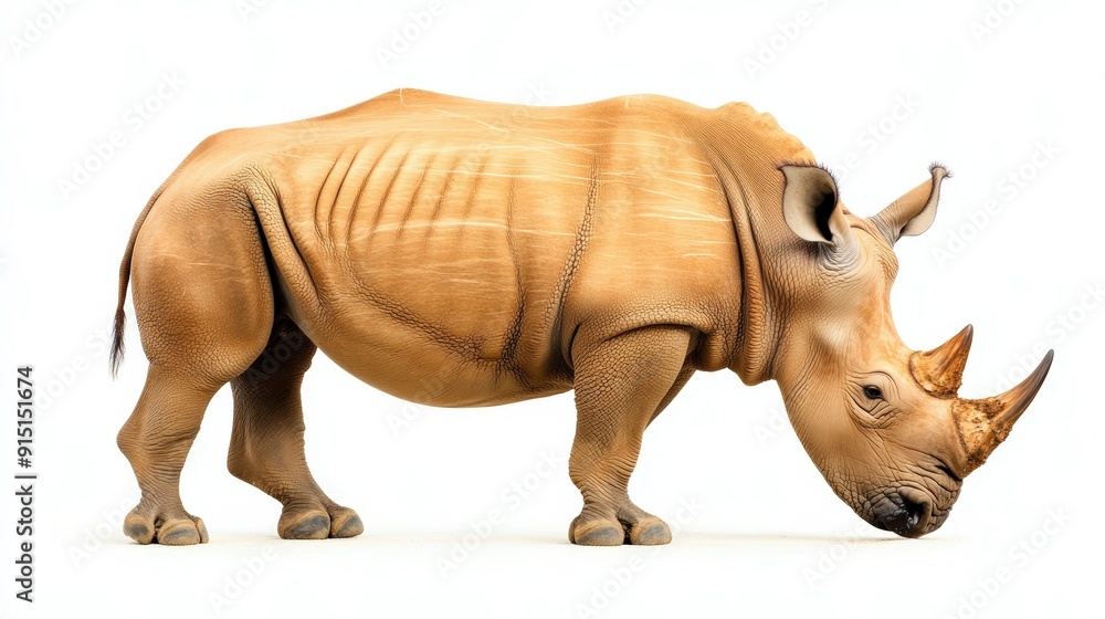 Fototapeta premium Majestic Rhino Grazing Silhouetted Against White Background - Stunning Wildlife Image
