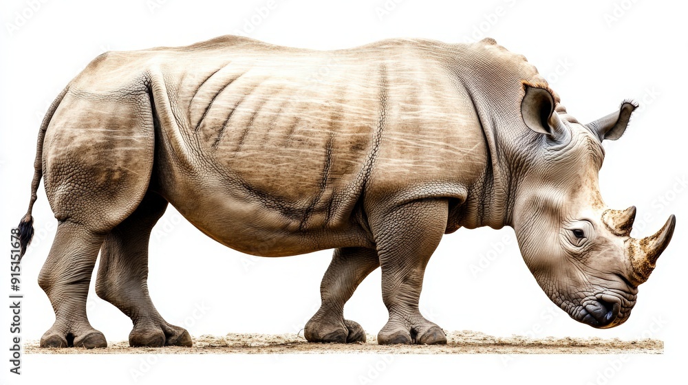 Majestic Rhino Grazing in Profile on White Background - Peaceful Wildlife Scene Majestic Rhino Grazing in Profile on White Background - Peaceful Wildlife Scene