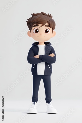 A cute cartoon boy with short hair wearing white shoes, designed in a vibrant 3D style, full body view. photo