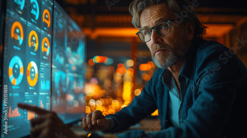 Men with glasses and a beard, focused intently on a large digital screen displaying various financial data, graphs, and charts.