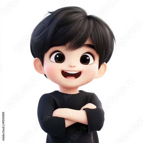 A charming baby boy sports a big black long sleeve shirt, laughing joyfully against a plain white background.