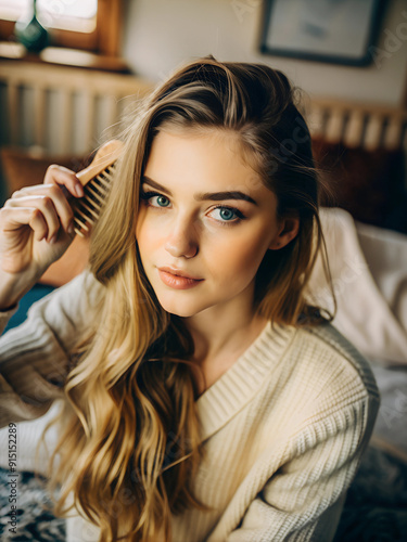 A young European woman with blue eyes is combing her hair with a comb in her bedroom.