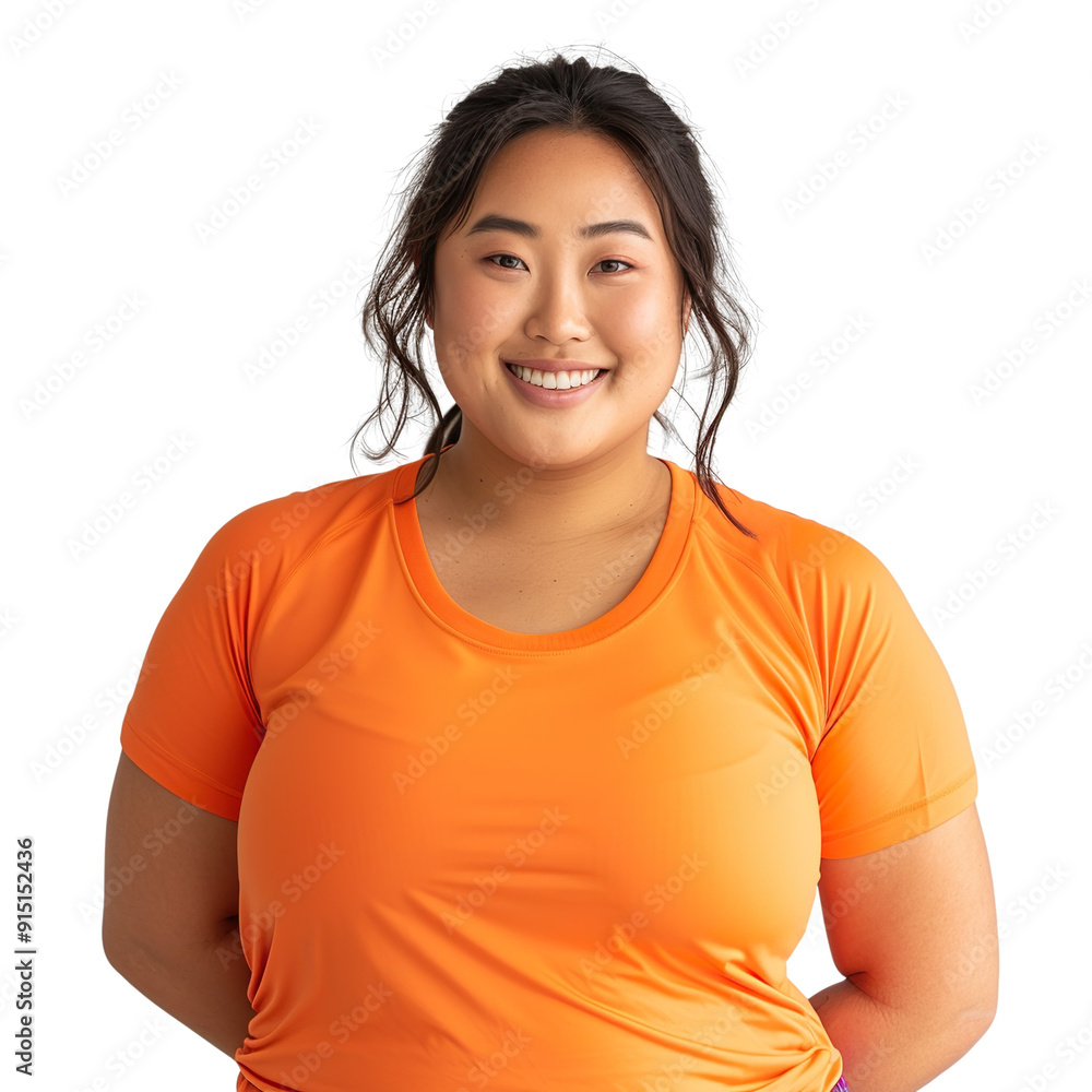 Fototapeta premium ront view mid body shot of an extremely fat 25-year-old Asian woman in a bright orange sports jersey and vibrant purple athletic pants, isolated on a white transparent background