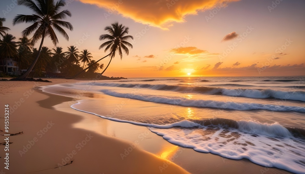 Beautiful sunset with palm trees in the background, creating a serene and tropical atmosphere. Beautiful sunset with palm trees in the background, creating a serene and tropical atmosphere.