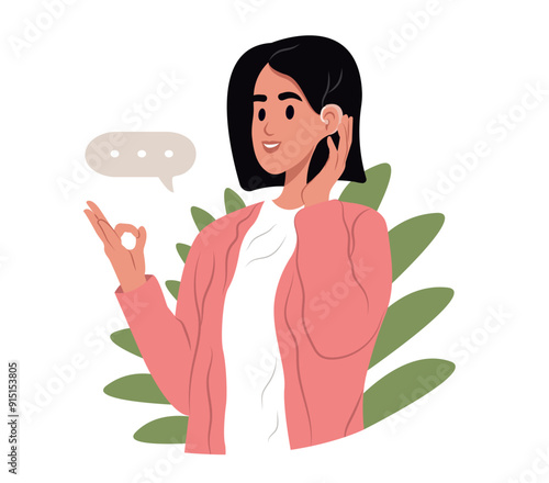 Joyful woman uses a hearing aid and experiencing sound. Person who has lost her hearing uses sign language. Vector illustration.