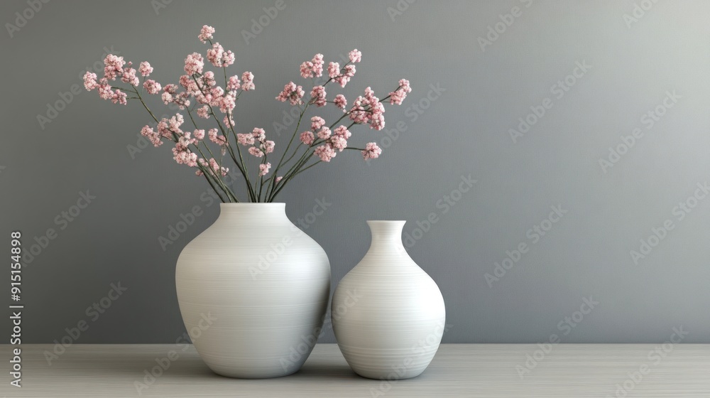 White Vases with Pink Flowers on a Wooden Table White Vases with Pink Flowers on a Wooden Table