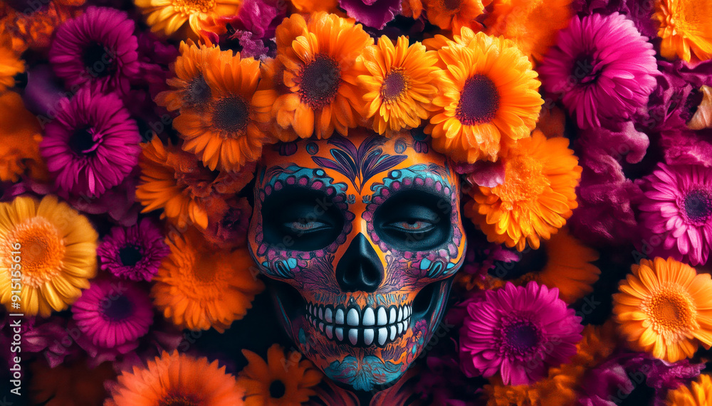 A woman's face is painted with a skull and flowers A woman's face is painted with a skull and flowers