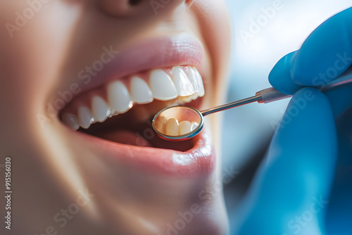 Closeup Dentist with mouth mirror checking for woman patient teeth at dental clinic. Medical teeth care