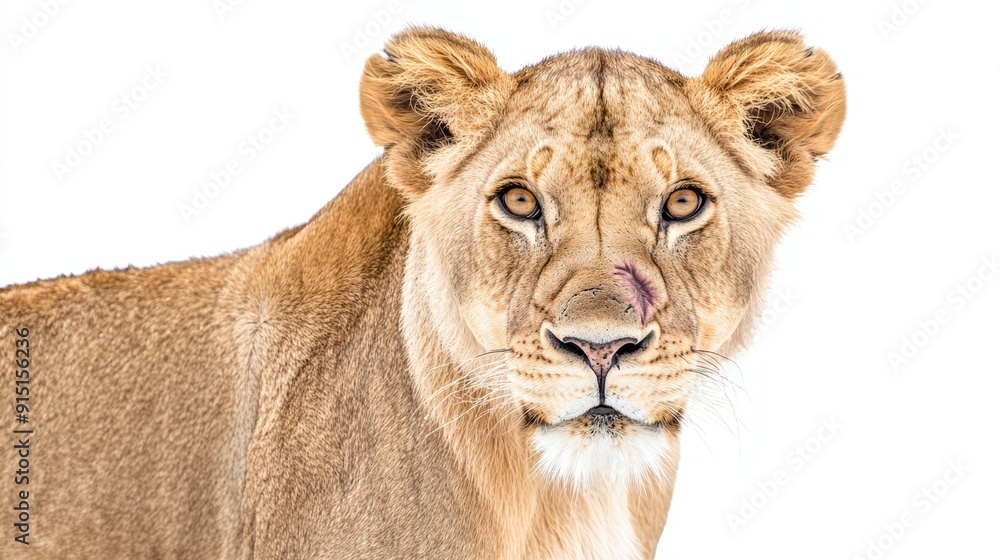 Obraz premium Close-up of majestic lion with scar on white background - Animal Kingdom Wildlife Portrait.