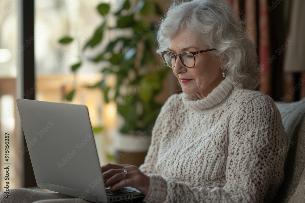 Senior person working on laptop working from home Senior person working on laptop working from home