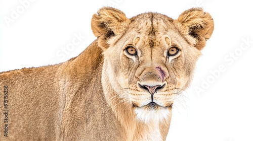 Close-up of majestic lion with scar on white background - Animal Kingdom Wildlife Portrait.