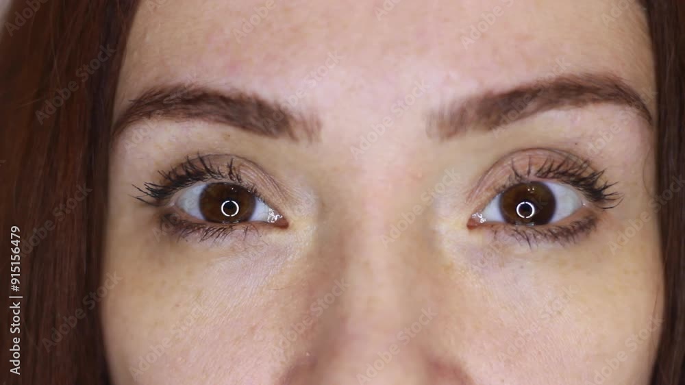 Close-up of a woman's eyes looking at the camera, looking down and up Close-up of a woman's eyes looking at the camera, looking down and up