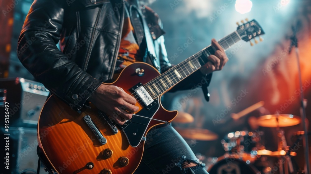 Obraz premium A man is playing a guitar on stage in front of a crowd