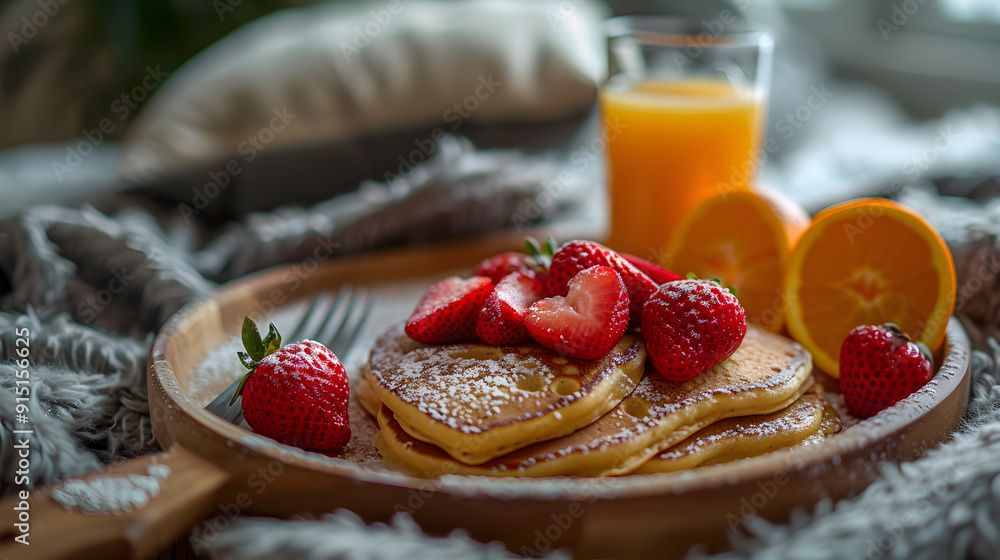 Φωτογραφία A cozy Valentine's Day breakfast tray with heart-shaped pancakes, fresh strawberries, and a glass of orange juice served in bed would be a delightful start to the day