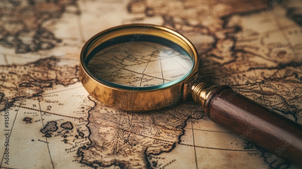 Retro magnifier with old map closeup Retro magnifier with old map closeup
