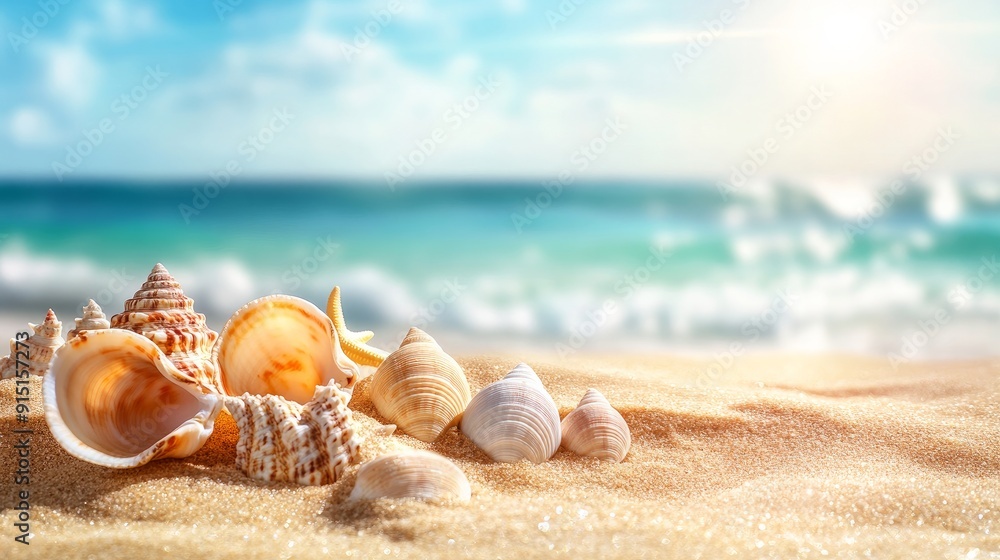 Seashells on the sand by the sea on a hot sunny day Seashells on the sand by the sea on a hot sunny day