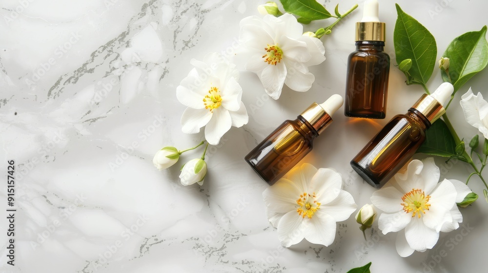 Essential oil bottles with jasmine flowers on marble background for beauty care. Essential oil bottles with jasmine flowers on marble background for beauty care.
