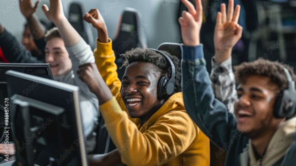 A group of young men are playing a video game and are all smiling A group of young men are playing a video game and are all smiling