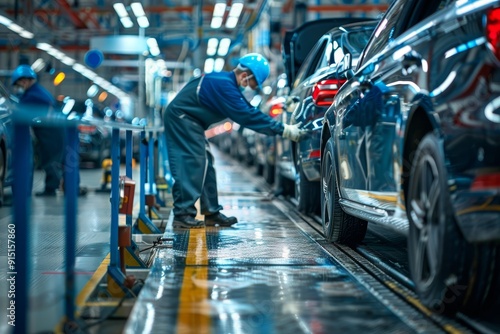 Worker in gear fixing car at factory with painted cars, cinematic shot from above