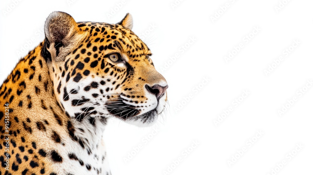 Sleek side profile of predatory jaguar stalking on white background Sleek side profile of predatory jaguar stalking on white background