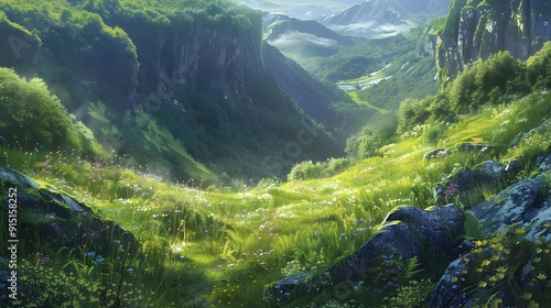 A gorge covered with green wild grass