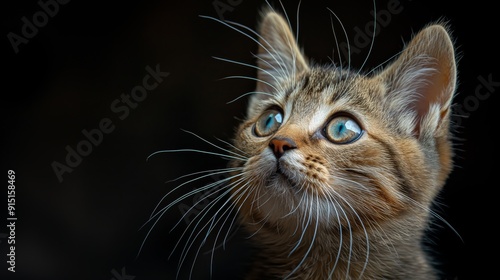 A kitten with wide, curious eyes gazes intently, reflecting a sense of wonder and innocence.