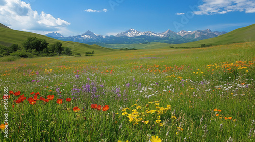 Vast green meadow  colorful wildflowers  mountains in the background.