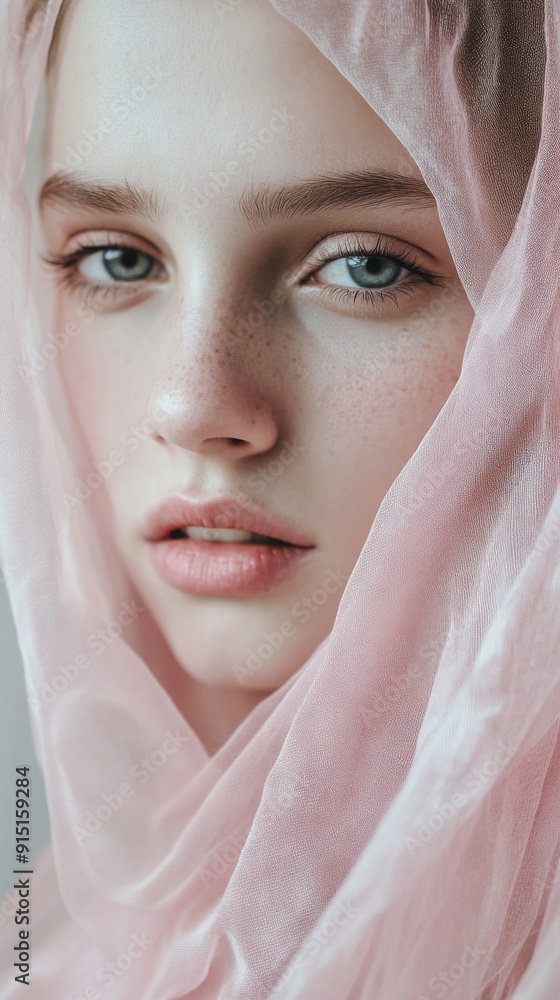 Serene and Contemplative Portrait of a Young Woman in a Pink Veil, Exuding Soft Elegance for Beauty and Fashion Themes Serene and Contemplative Portrait of a Young Woman in a Pink Veil, Exuding Soft Elegance for Beauty and Fashion Themes