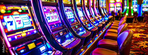 A row of colorful slot machines in a casino hall. The concept of casino gaming facilities.