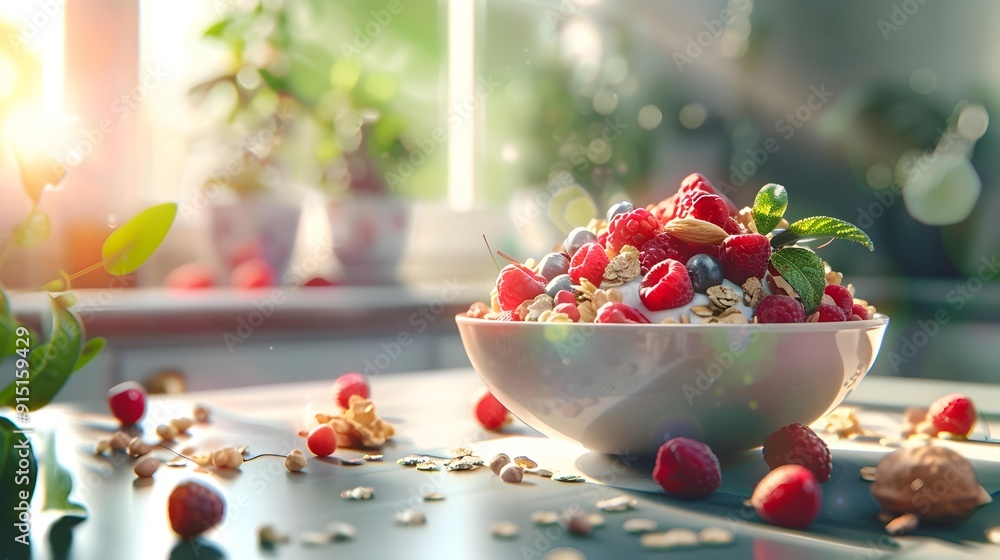 Cereals decorated with fresh berries and yoghurt Cereals decorated with fresh berries and yoghurt