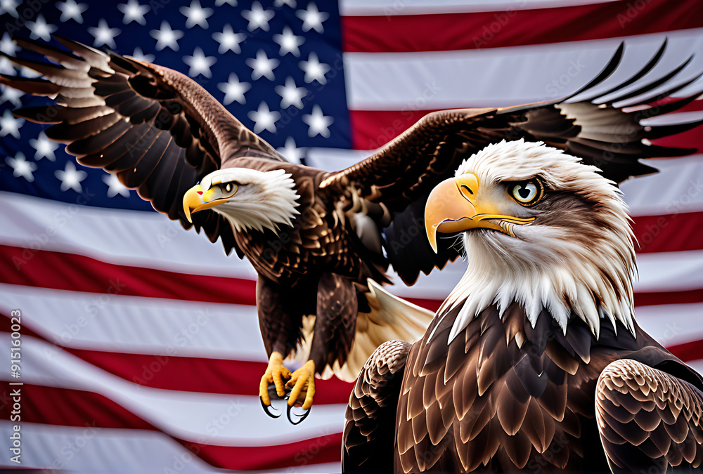 Naklejka premium majestic eagle soars waving american flag